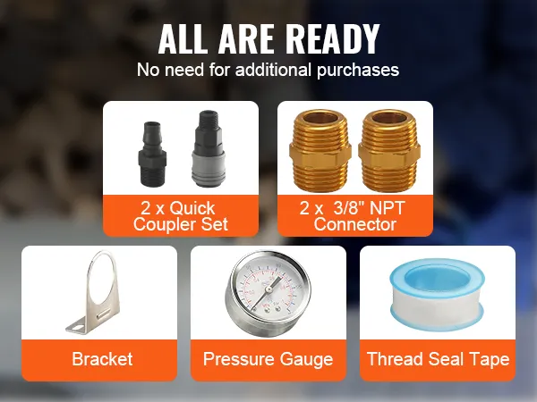 VEVOR air compressor filter set with included quick couplers, npt connectors, bracket, gauge, and tape.