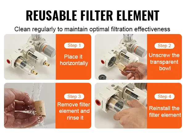 VEVOR air compressor filter cleaning steps: place horizontally, unscrew, rinse, and reinstall for reuse.