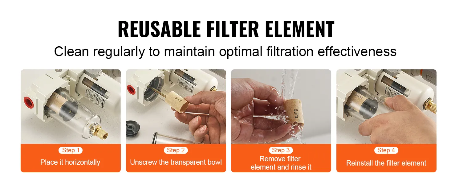VEVOR air compressor filter cleaning steps: place horizontally, unscrew, rinse, and reinstall for reuse.