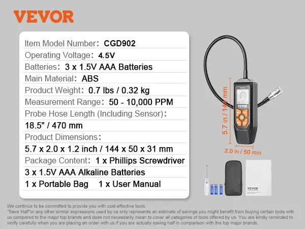 Detector de fugas de gas VEVOR cgd902 con dimensiones, detalles de la batería y contenido del paquete.