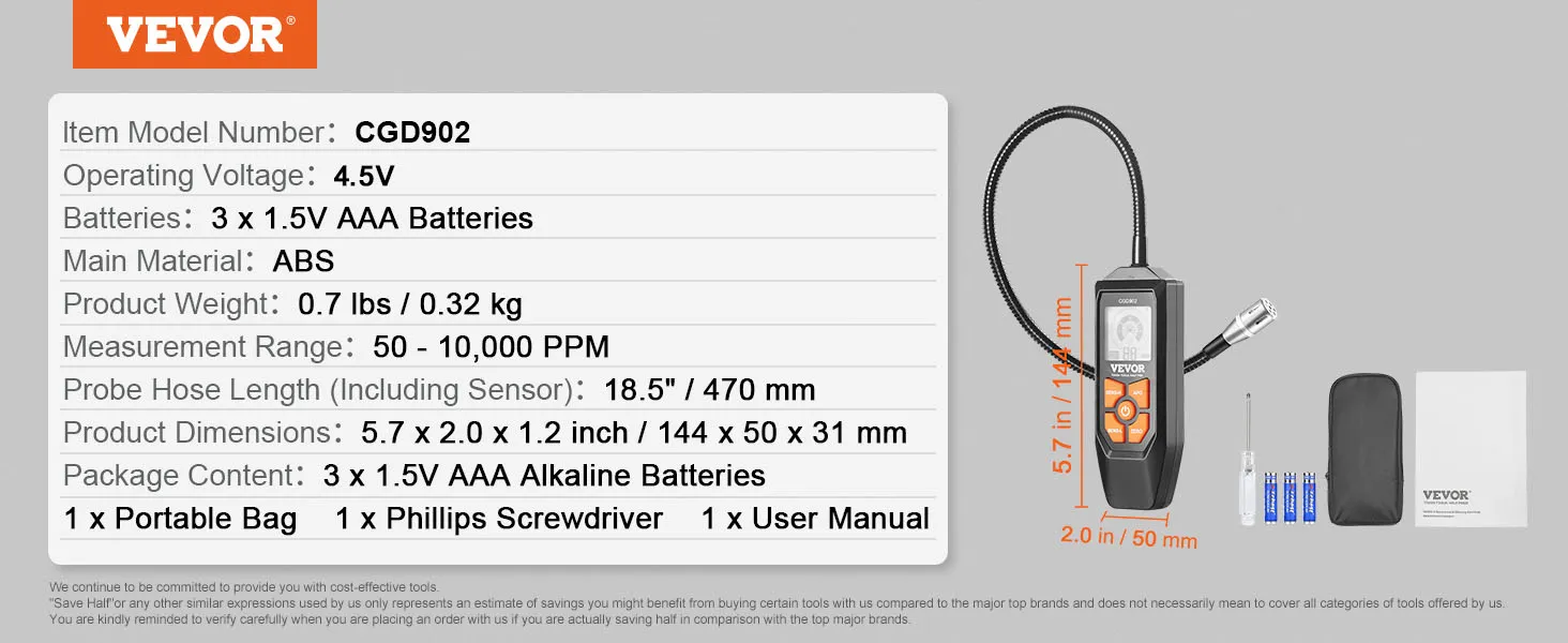 Detector de fugas de gas VEVOR cgd902 con dimensiones, detalles de la batería y contenido del paquete.