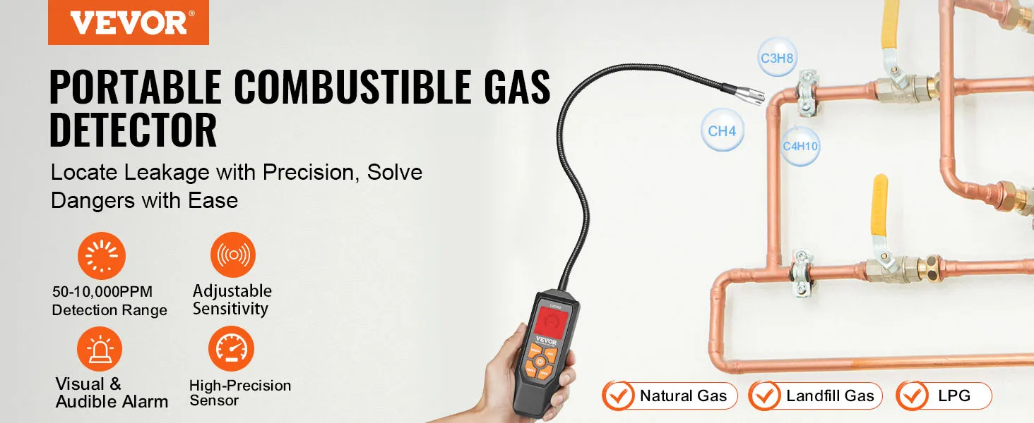 Características destacadas del detector de fugas de gas VEVOR: sensibilidad ajustable, rango de detección, alarma y visibilidad del sensor.