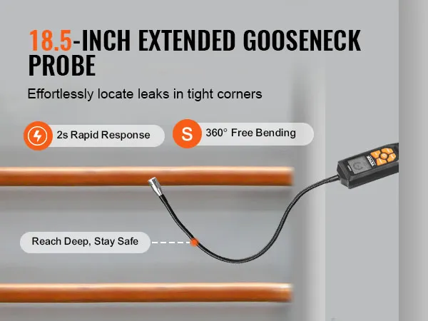 Detector de fugas de gas VEVOR con sonda de cuello de cisne de 18,5 pulgadas para localizar fugas en rincones estrechos, respuesta rápida.
