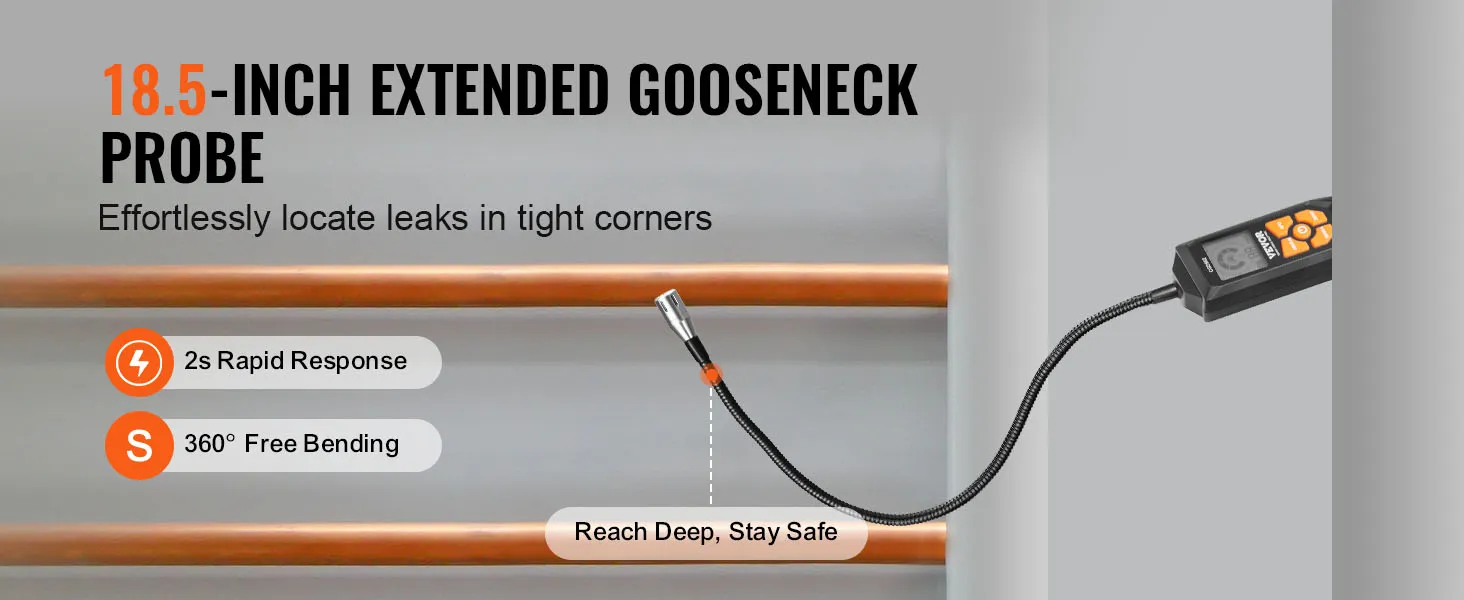 Detector de fugas de gas VEVOR con sonda de cuello de cisne de 18,5 pulgadas para localizar fugas en rincones estrechos, respuesta rápida.