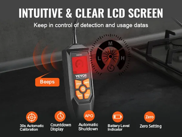 Detector de fugas de gas VEVOR con pantalla LCD intuitiva, calibración automática, cuenta regresiva y puesta a cero.