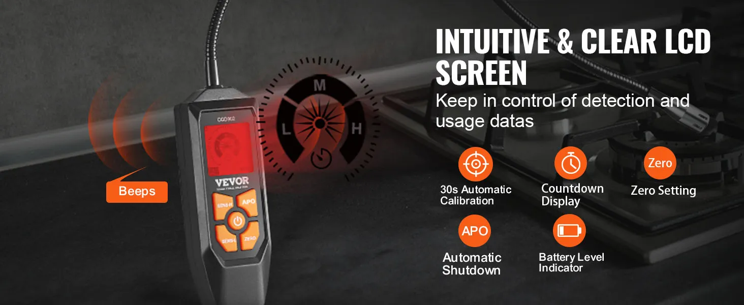 Detector de fugas de gas VEVOR con pantalla LCD intuitiva, calibración automática, cuenta regresiva y puesta a cero.