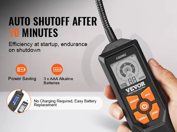 Detector de fugas de gas VEVOR con apagado automático, modo de ahorro de energía y utiliza 3 pilas AAA.