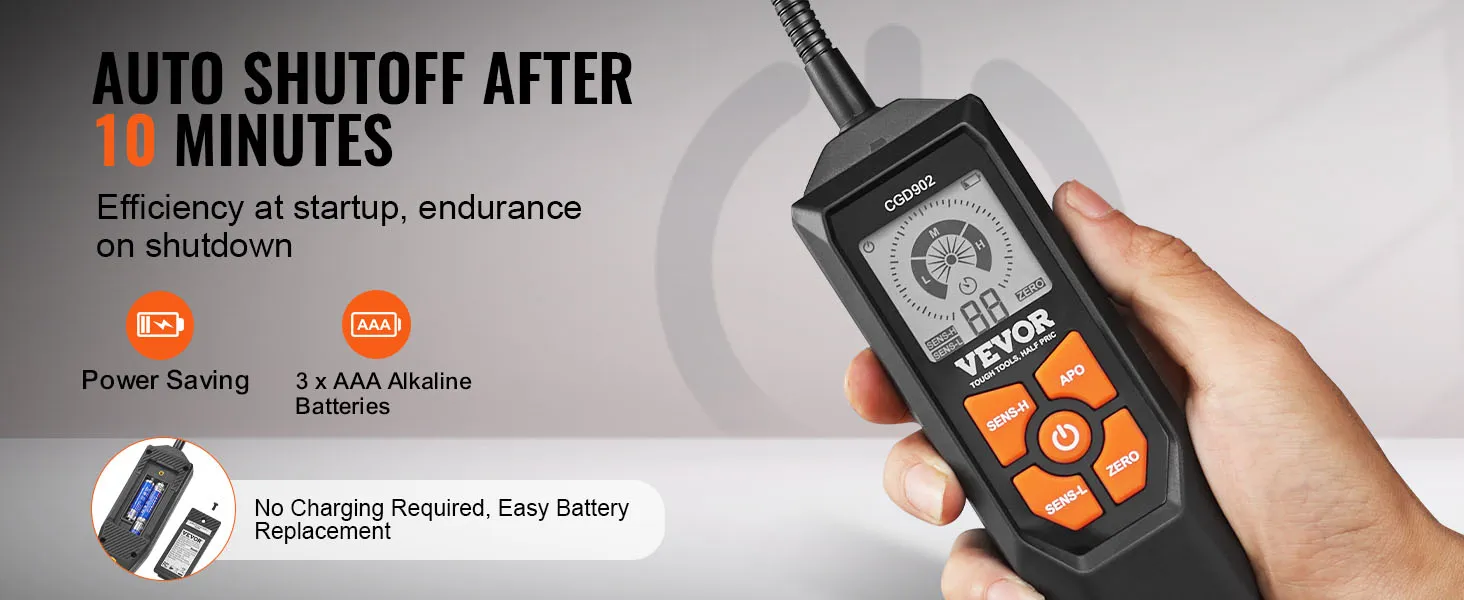 Detector de fugas de gas VEVOR con apagado automático, modo de ahorro de energía y utiliza 3 pilas AAA.