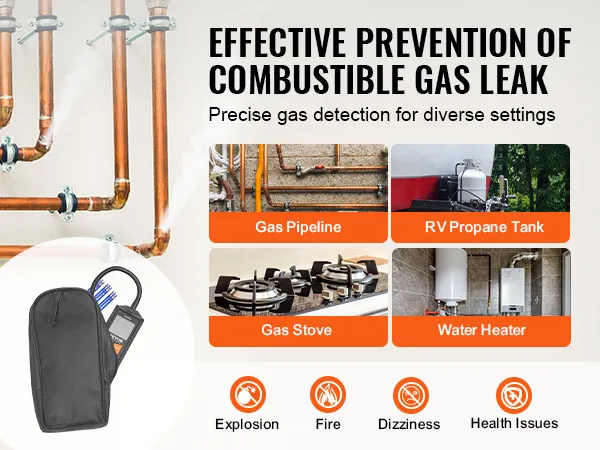 Detector de fugas de gas VEVOR que muestra detección de tuberías de gas, tanques de propano de vehículos recreativos, estufas de gas y calentadores de agua.