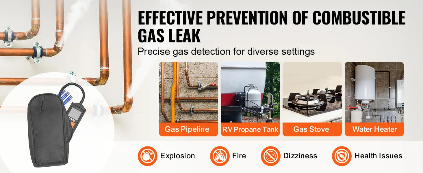 Detector de fugas de gas VEVOR que muestra detección de tuberías de gas, tanques de propano de vehículos recreativos, estufas de gas y calentadores de agua.