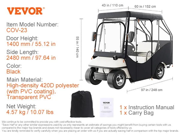 Copertura per golf cart VEVOR, modello COV-23, altezza porta 1400 mm, nera, poliestere 420D ad alta densità e PVC.