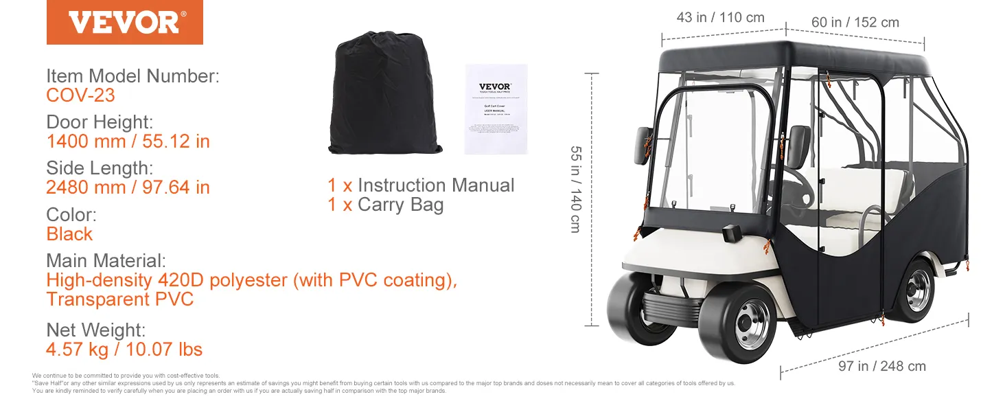 Copertura per golf cart VEVOR, modello COV-23, altezza porta 1400 mm, nera, poliestere 420D ad alta densità e PVC.