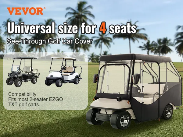 Copertura per golf cart VEVOR per ezgo txt a 4 posti, trasparente con misure, su un campo da golf.