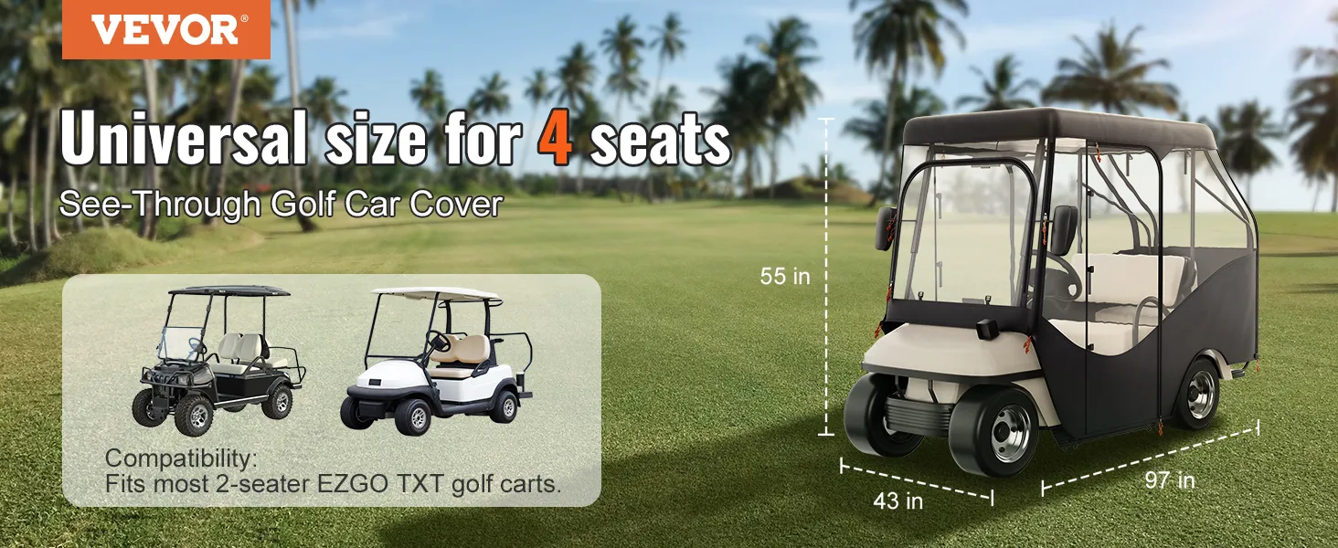 Copertura per golf cart VEVOR per ezgo txt a 4 posti, trasparente con misure, su un campo da golf.