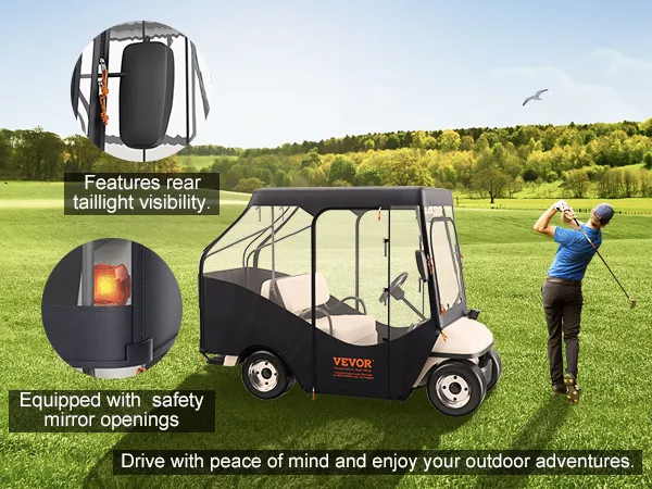 Copertura per golf cart VEVOR su un campo verde con golfista, che mostra la visibilità delle luci posteriori e le aperture degli specchietti.