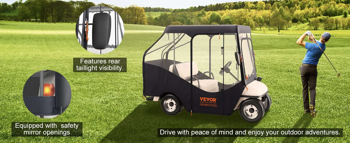 Copertura per golf cart VEVOR su un campo verde con golfista, che mostra la visibilità delle luci posteriori e le aperture degli specchietti.