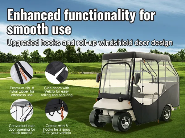 Recinto per golf cart VEVOR dotato di ganci, porte avvolgibili, cerniere in nylon e porte laterali con chiusura in velcro.