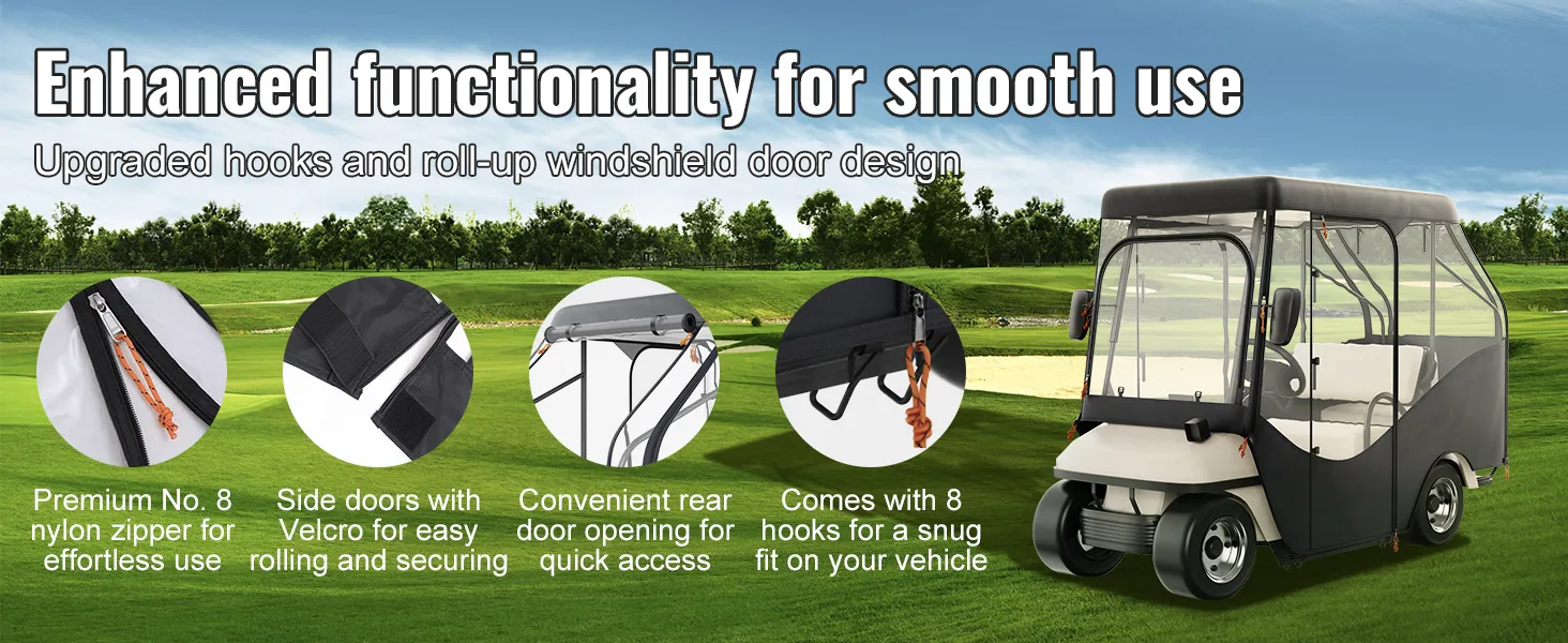 Recinto per golf cart VEVOR dotato di ganci, porte avvolgibili, cerniere in nylon e porte laterali con chiusura in velcro.