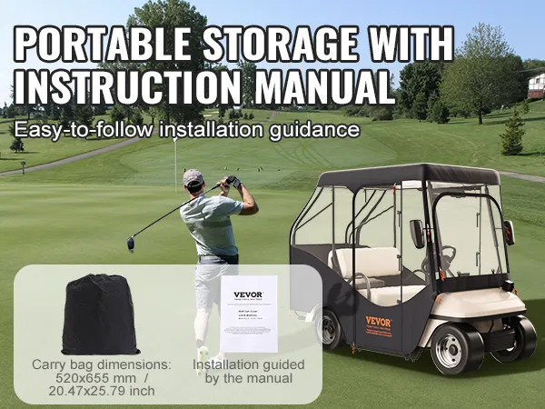 Custodia per golf cart VEVOR con borsa portaoggetti e manuale su un campo da golf. Guida di facile installazione inclusa.