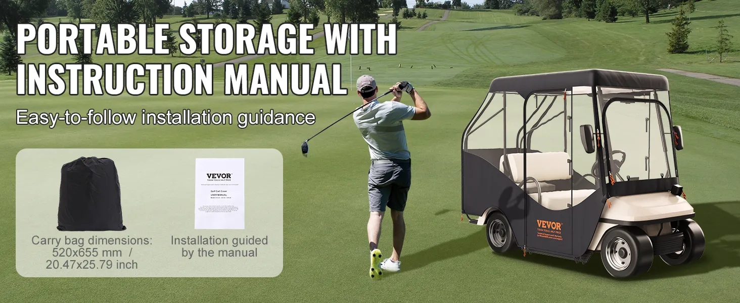 Custodia per golf cart VEVOR con borsa portaoggetti e manuale su un campo da golf. Guida di facile installazione inclusa.