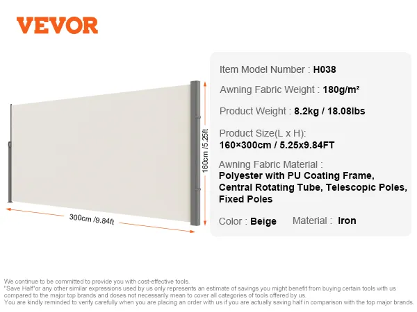 VEVOR retractable side awning, 300cm length, beige, iron material, polyester fabric, model h038.