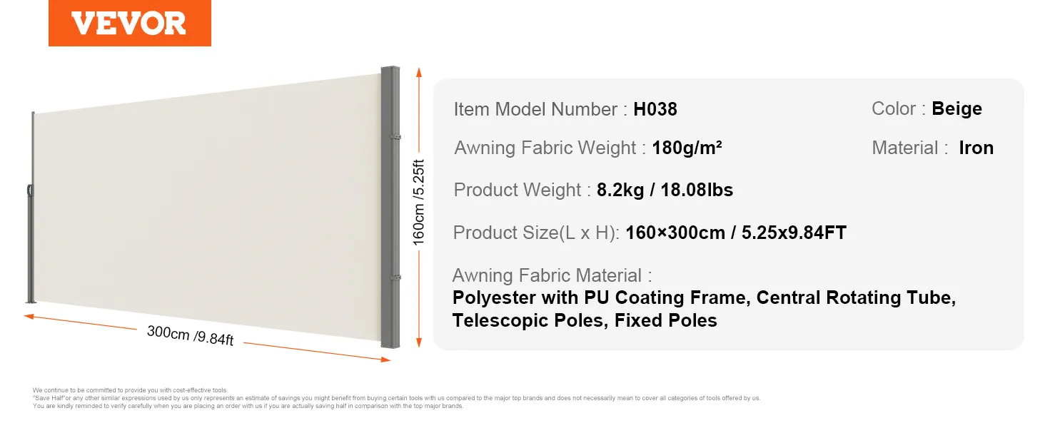 VEVOR retractable side awning, 300cm length, beige, iron material, polyester fabric, model h038.