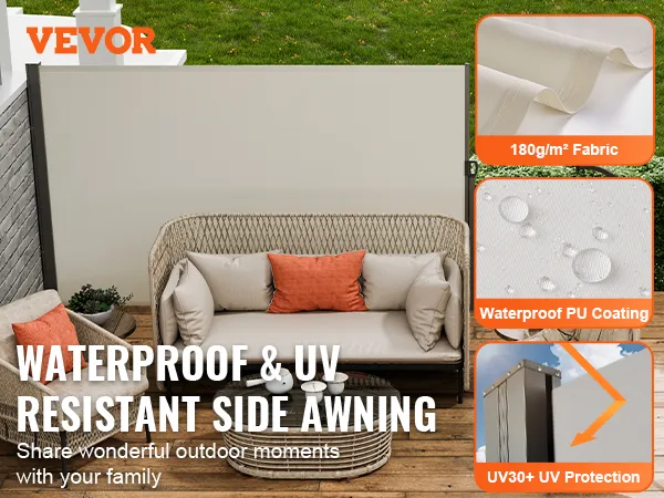 VEVOR retractable side awning on a patio with outdoor furniture, showcasing waterproof and uv-resistant fabric.