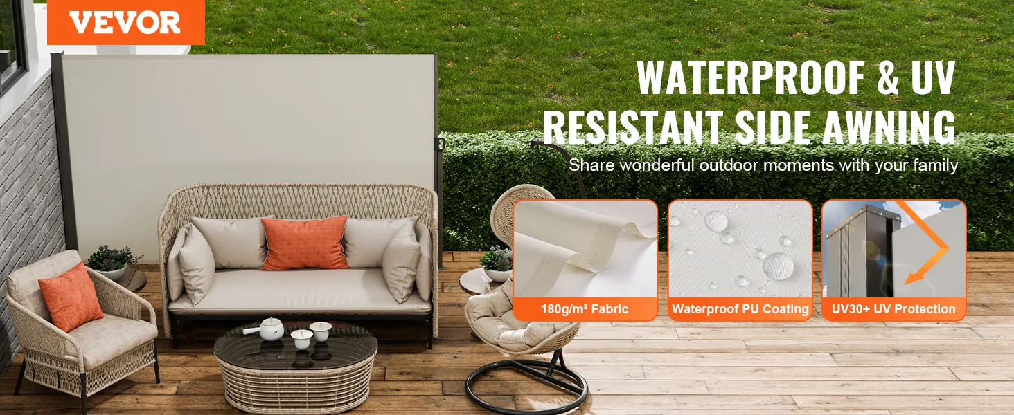 VEVOR retractable side awning on a patio with outdoor furniture, showcasing waterproof and uv-resistant fabric.