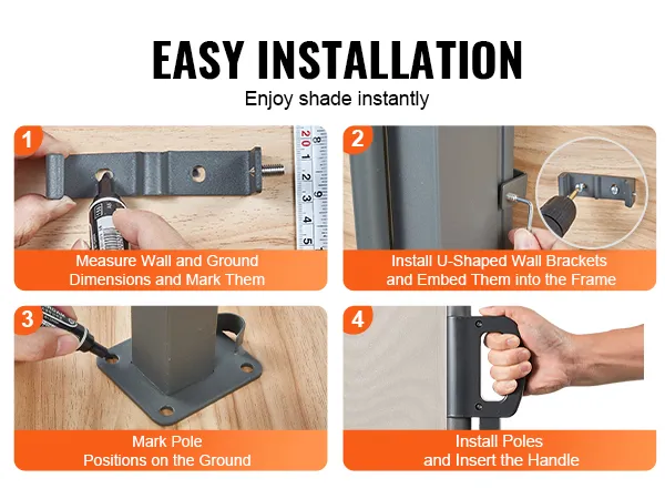 VEVOR retractable side awning installation guide: measure, install brackets, mark poles, insert handle.