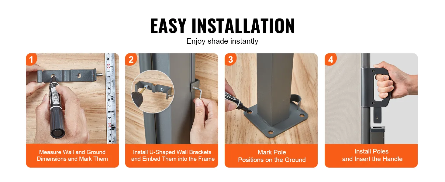 VEVOR retractable side awning installation guide: measure, install brackets, mark poles, insert handle.