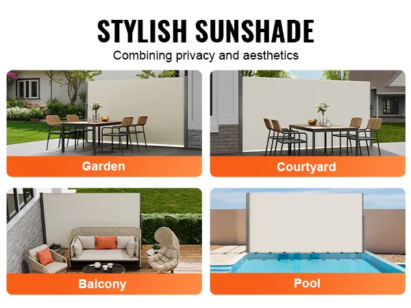 stylish VEVOR retractable side awning providing privacy in garden, courtyard, balcony, and pool areas.