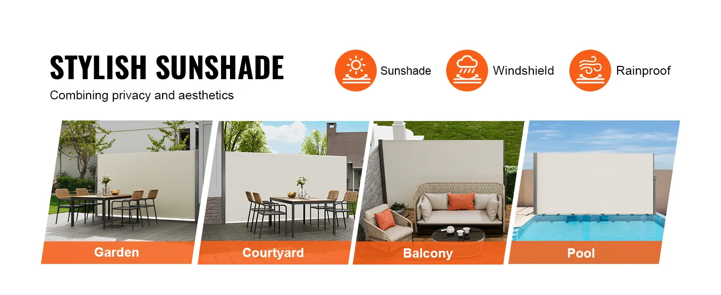 stylish VEVOR retractable side awning providing privacy in garden, courtyard, balcony, and pool areas.
