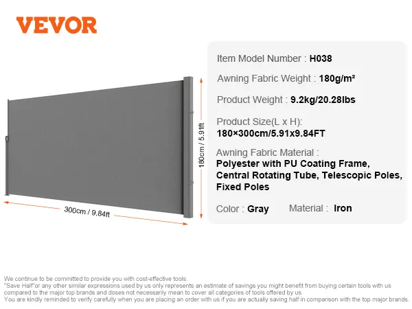VEVOR retractable patio screen with gray polyester fabric, iron frame, 180x300cm, model h038.