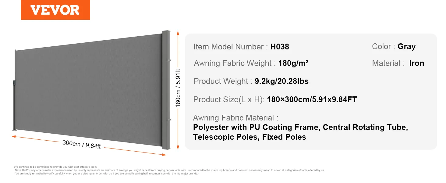 VEVOR retractable patio screen with gray polyester fabric, iron frame, 180x300cm, model h038.