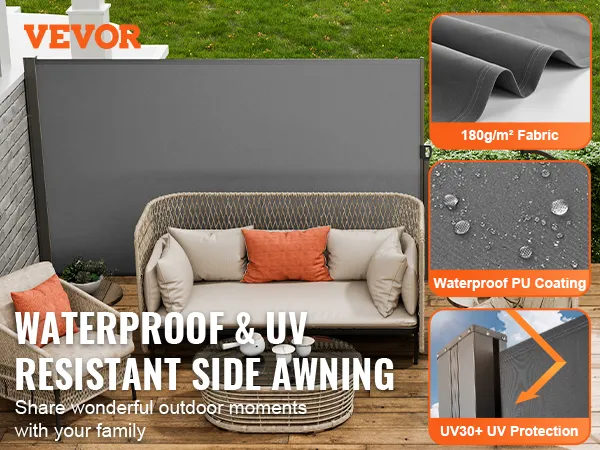 VEVOR retractable patio screen with outdoor seating, waterproof pu coating, and uv30+ protection.