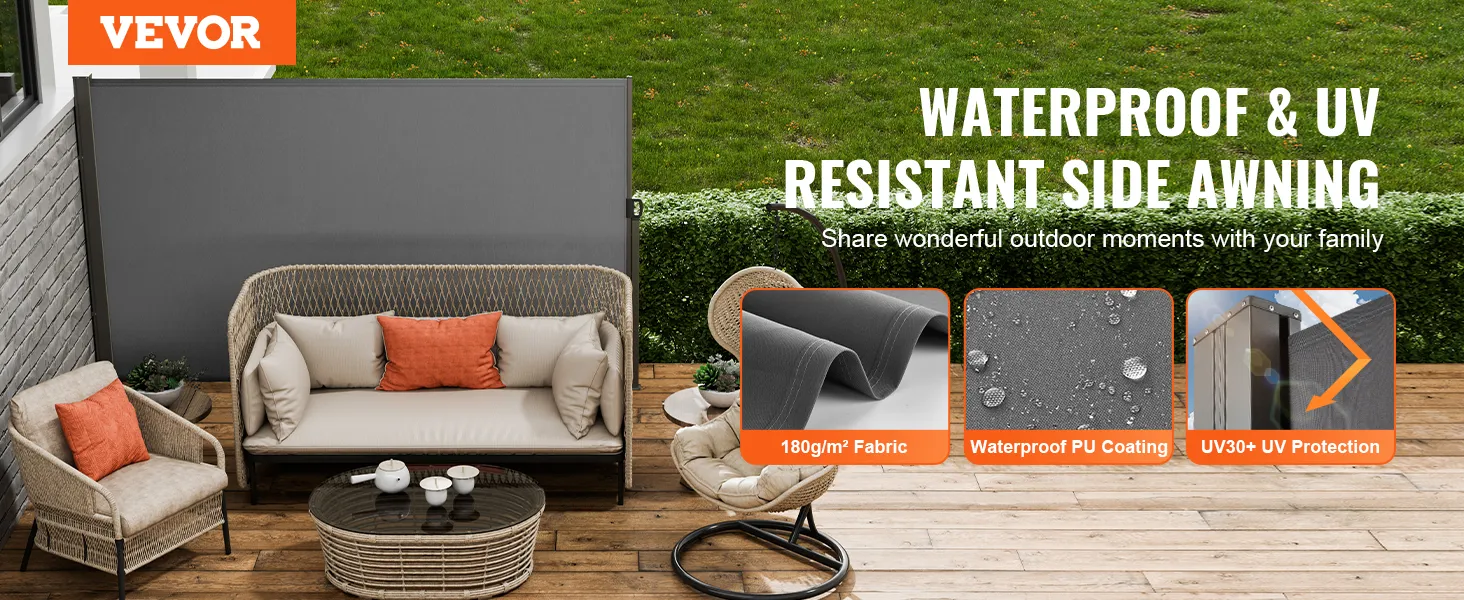 VEVOR retractable patio screen with outdoor seating, waterproof pu coating, and uv30+ protection.