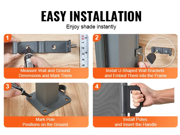 easy installation steps for VEVOR retractable patio screen, including measuring, marking, and assembling.