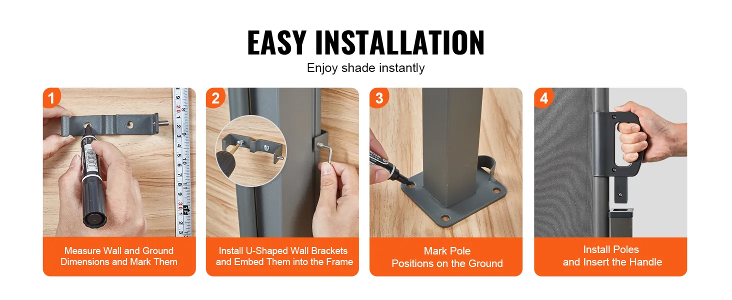 easy installation steps for VEVOR retractable patio screen, including measuring, marking, and assembling.
