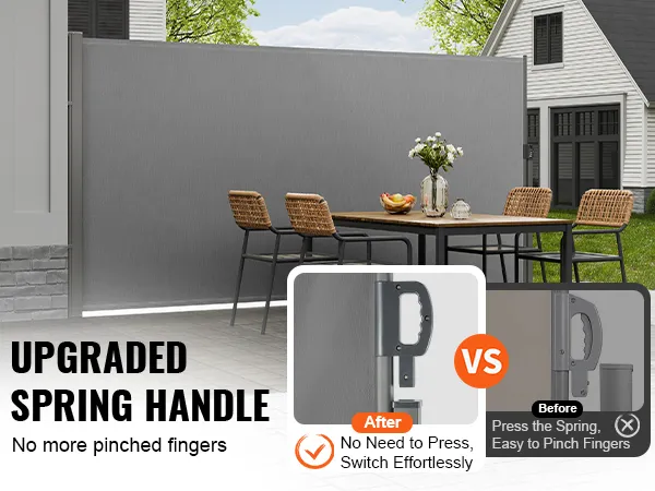 upgraded VEVOR retractable patio screen with spring handle, showcasing before and after grip improvements.