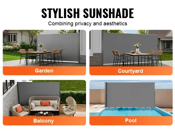 stylish VEVOR retractable patio screen shown in garden, courtyard, balcony, and pool setups.