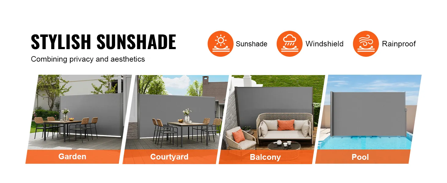 stylish VEVOR retractable patio screen shown in garden, courtyard, balcony, and pool setups.