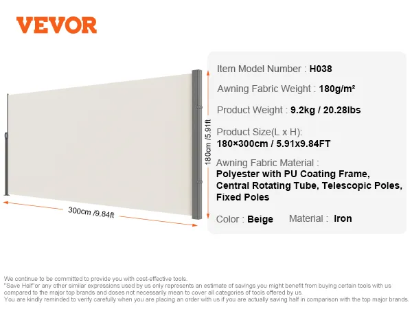 VEVOR retractable side awning, beige, polyester with pu coating, iron frame, 180x300cm, model h038.