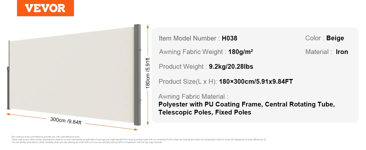 VEVOR retractable side awning, beige, polyester with pu coating, iron frame, 180x300cm, model h038.