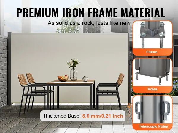 VEVOR retractable side awning with premium iron frame, showing dining set and thickened base details.