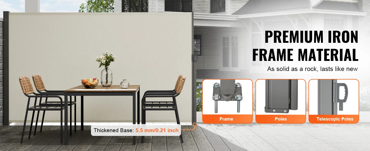 VEVOR retractable side awning with premium iron frame, showing dining set and thickened base details.