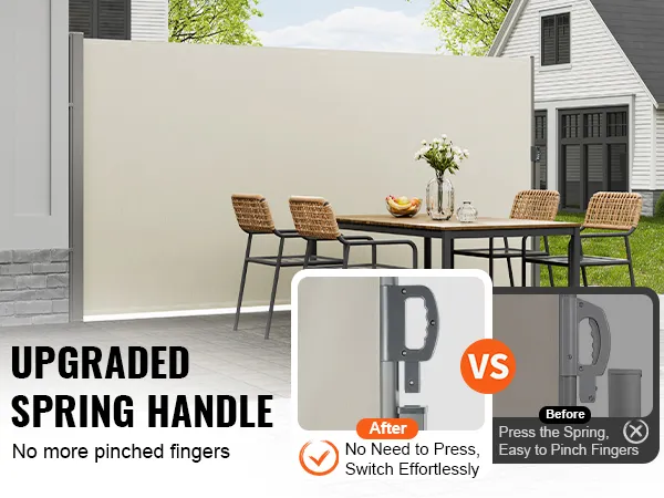 upgraded VEVOR retractable side awning with effortless spring handle next to outdoor dining set.