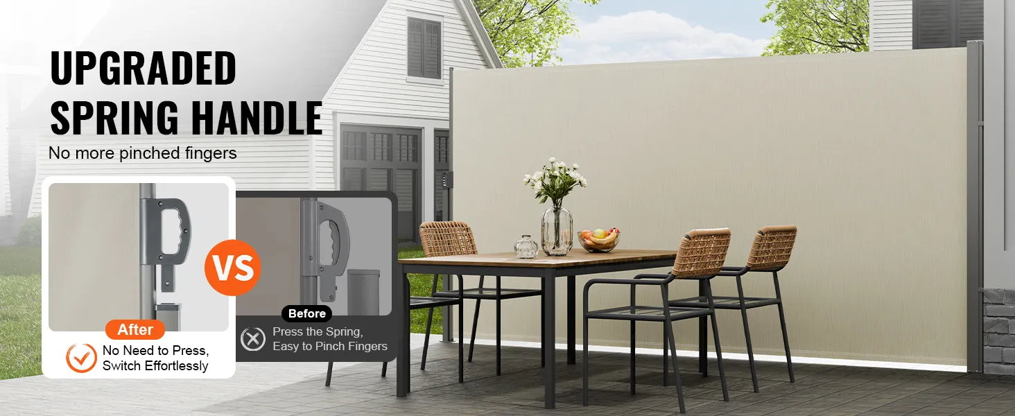 upgraded VEVOR retractable side awning with effortless spring handle next to outdoor dining set.