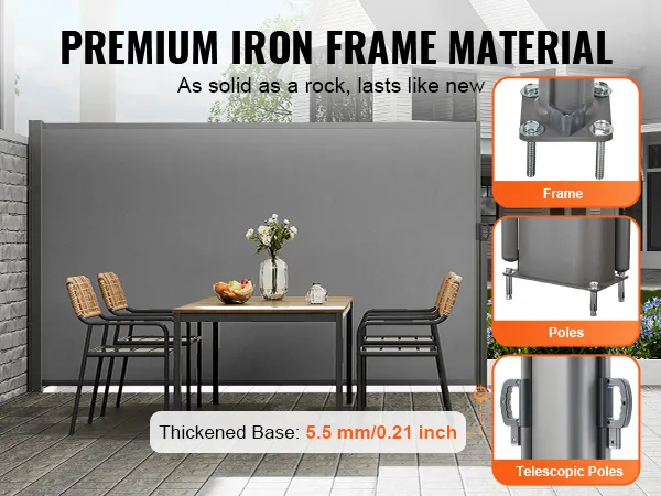 VEVOR retractable side awning with premium iron frame, dining setup, and thickened base illustration.