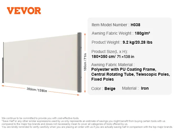 VEVOR retractable side awning in beige, 350cm by 180cm, 180g/m² polyester, iron frame, 9.2kg weight.