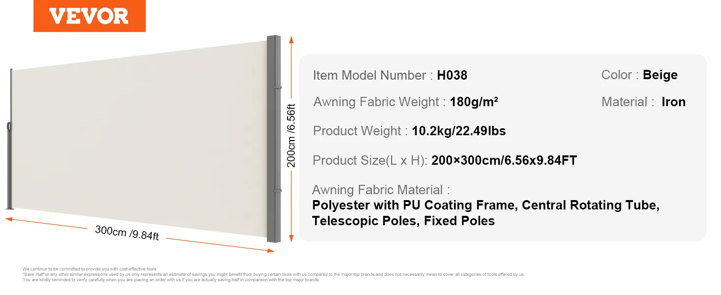 VEVOR retractable side awning, beige, model h038, polyester fabric, iron frame, 200x300cm size.
